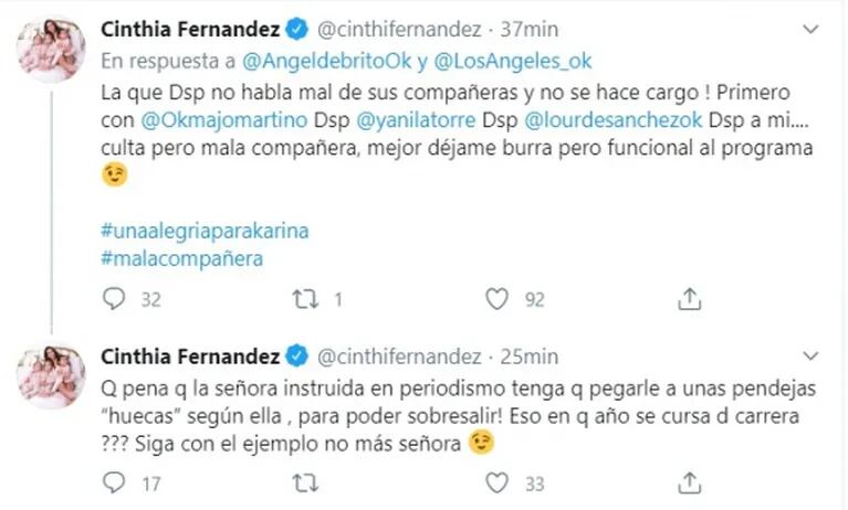 Furiosos mensajes de Cinthia Fernández contra Karina Iavícoli: "Lo mío se arregla estudiando periodismo"