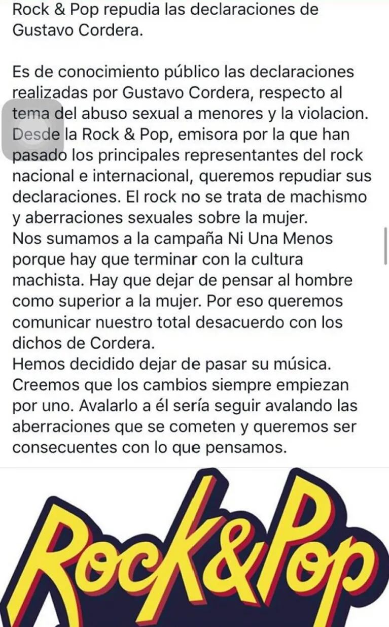 Rock & Pop no pasará más música de Gustavo Cordera