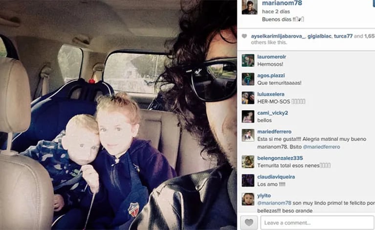 Mariano Martínez junto a Olivia y Milo en el auto (Foto: Instagram). 