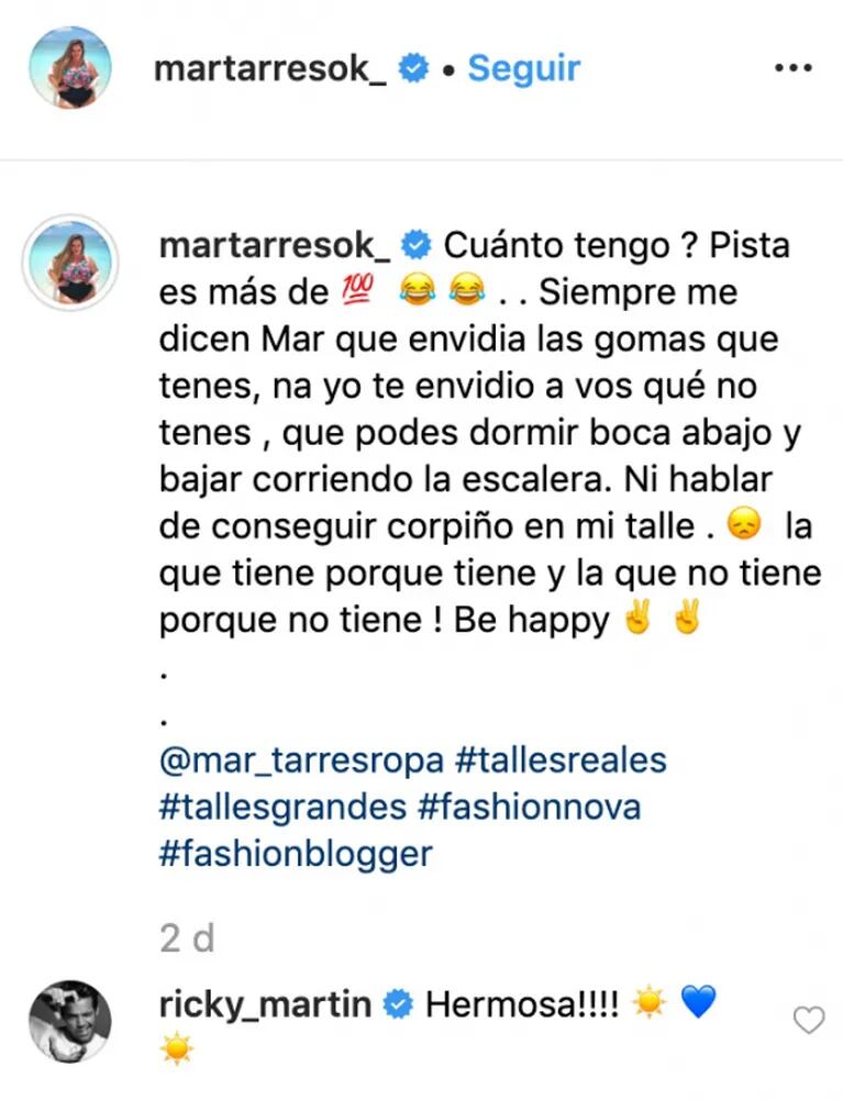 Mar Tarrés, la comediante y modelo plus size, publicó una foto de su mega escote y Ricky Martin se la comentó 