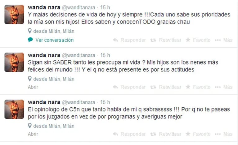Los furiosos tweets de Wanda Nara por las críticas a Mauro (Fotos: Captura). 