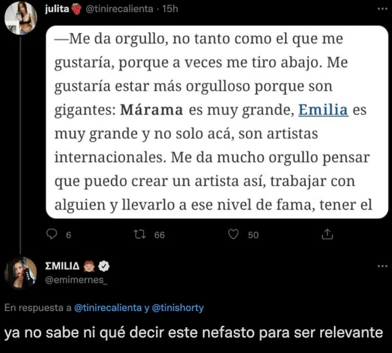 Fuertísima reacción de Emilia Mernes contra Fer Vázquez, luego de que él dijera que la "creó": "Nefasto" 