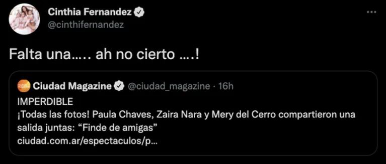 Filosa chicana de Cinthia Fernández tras el encuentro de Paula Chaves, Mery del Cerro y Zaira Nara, sin China Suárez: "Falta una"