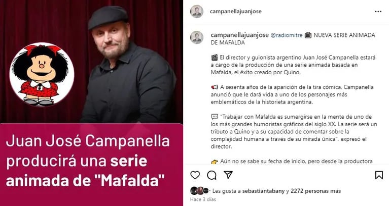 El posteo de Juan José Campanella en Instagram sobre la serie de Mafalda (Foto: Instagram)