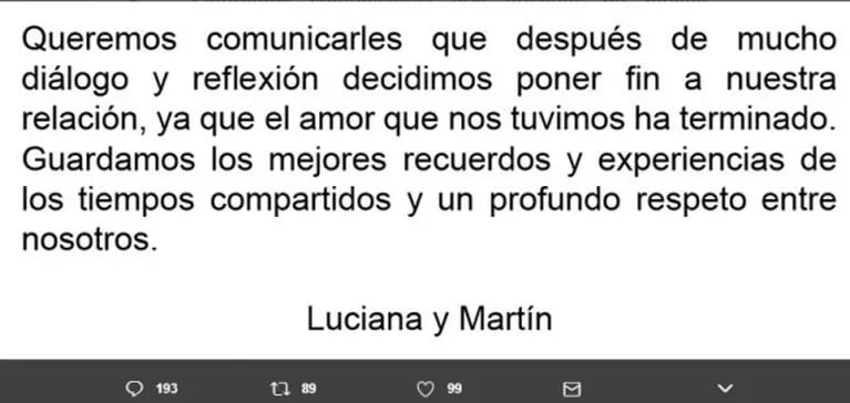 Martín Redrado anunció su separación de Luciana Salazar en Twitter: la reacción de la actriz
