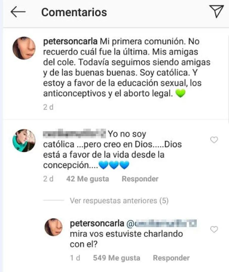 Picante respuesta de Carla Peterson a una seguidora que cuestionó su religión tras su apoyo al aborto legal