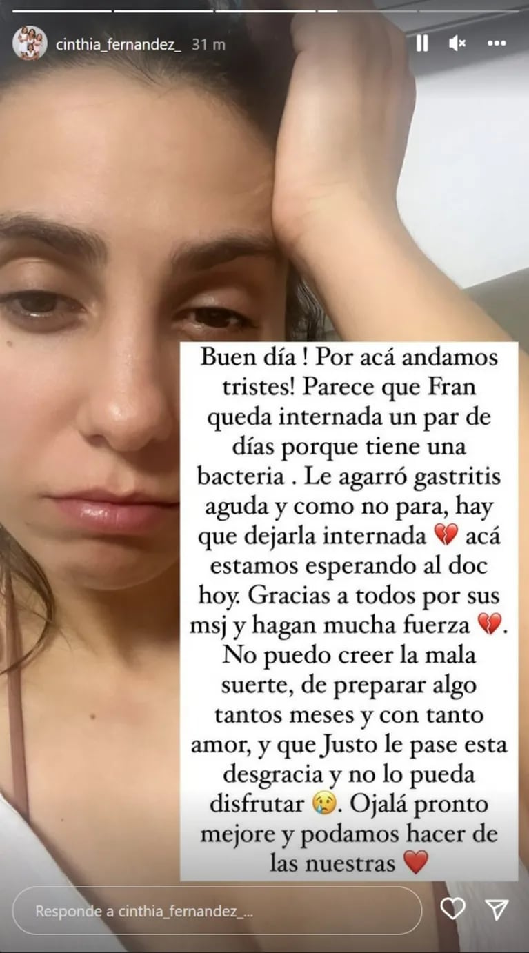 Cinthia Fernández explicó por qué debieron internar a su hija menor: "Tiene una bacteria y le agarró gastritis aguda"