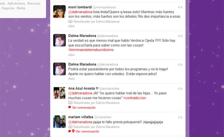 Los tweets de Dalma Maradona contra Verónica Ojeda. 