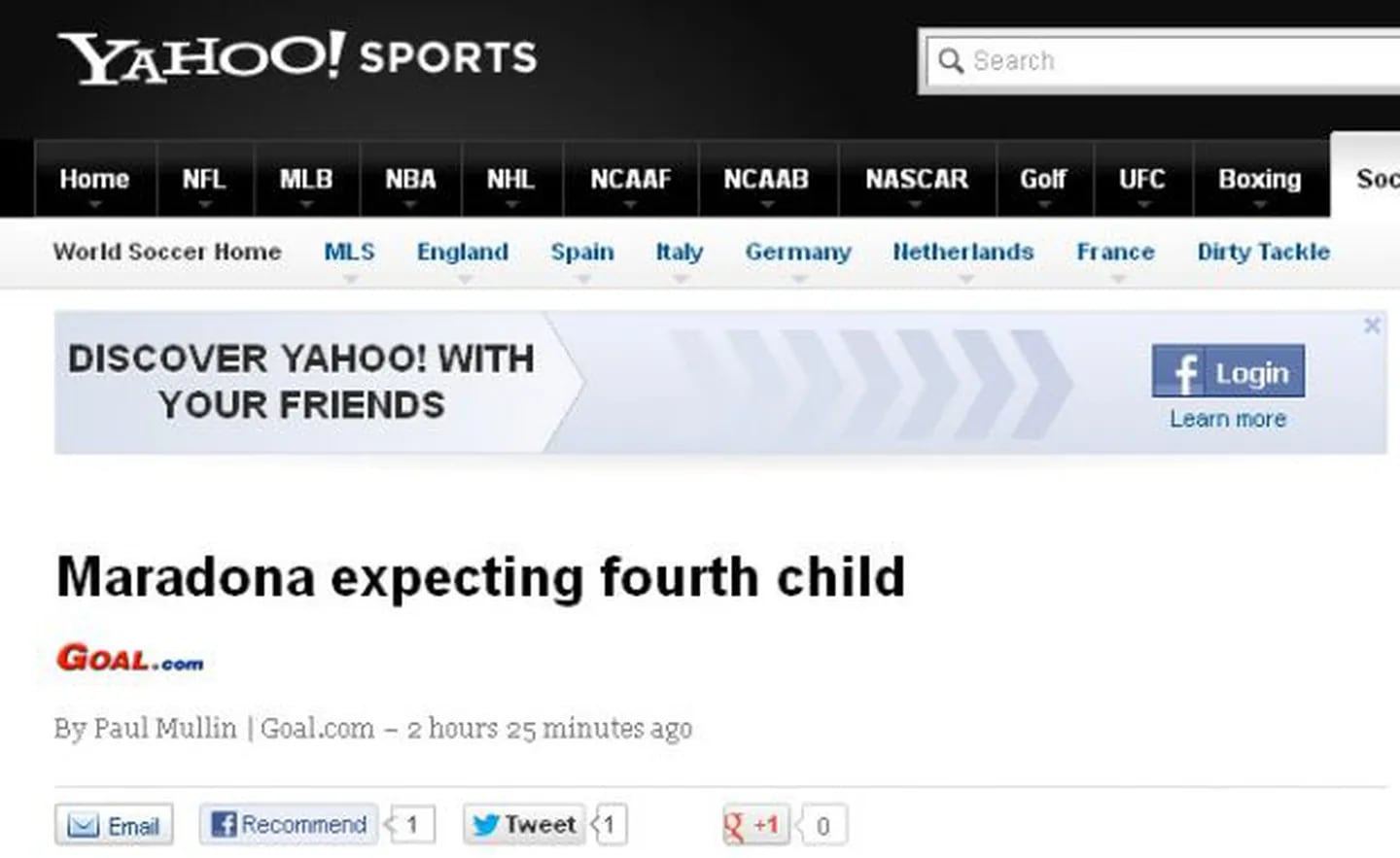 El portal estadounidense de Yahho!: "Maradona espera a su cuarto hijo", encabeza la nota.