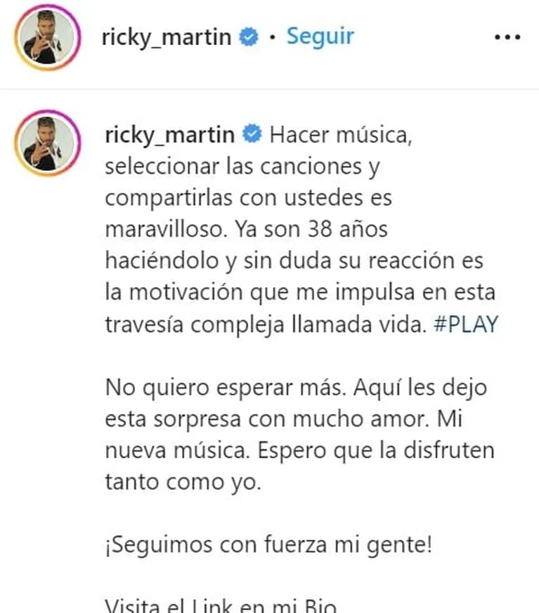 El anuncio de Ricky Martin tras haber sido denunciado por violencia doméstica: "Seguimos con fuerza"