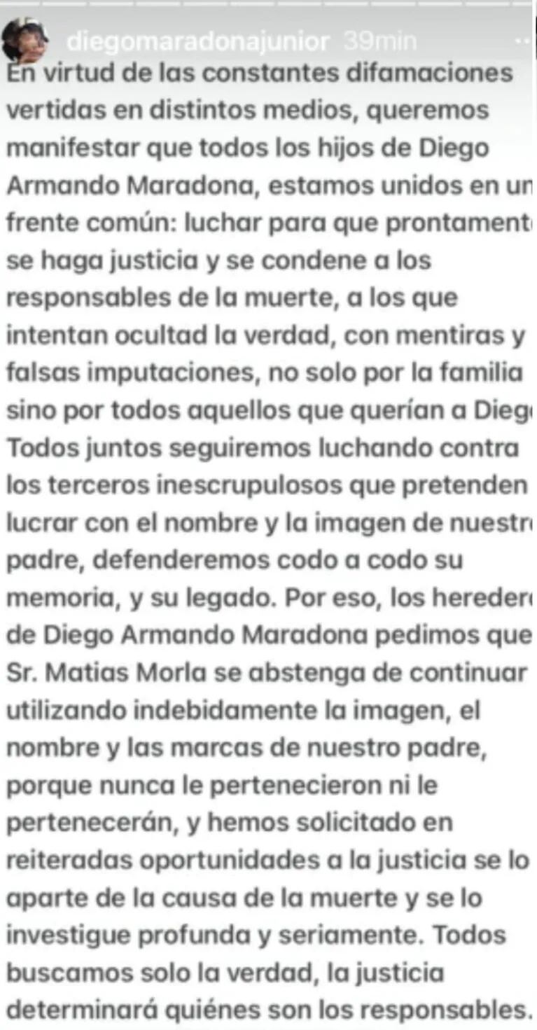 Durísimo comunicado de todos los hijos de Diego Maradona contra Matías Morla: "Juntos lucharemos contra los inescrupulosos"