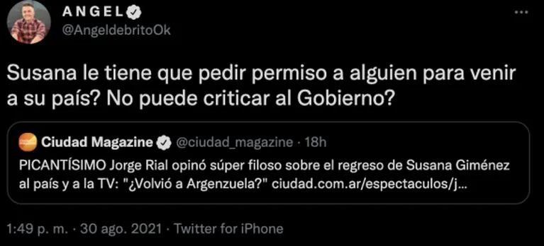 La picante reacción de Ángel de Brito tras la crítica de Jorge Rial a Susana Giménez: "¿No puede criticar al Gobierno?"