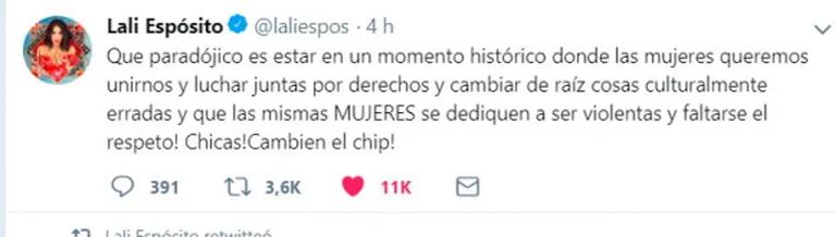 El contundente tweet de Lali Espósito sobre la violencia entre las mujeres: "Chicas, cambien el chip"