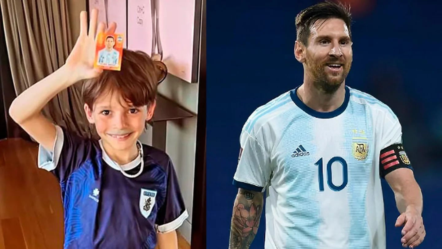 La felicidad de Lolo Tinelli luego de que le tocara la figurita de Lionel Messi.