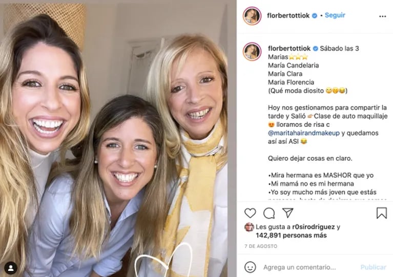 Flor Bertotti publicó una foto con su mamá y su hermana, que son súper parecidas a ella: "Sabemos cómo seremos a los 63" 