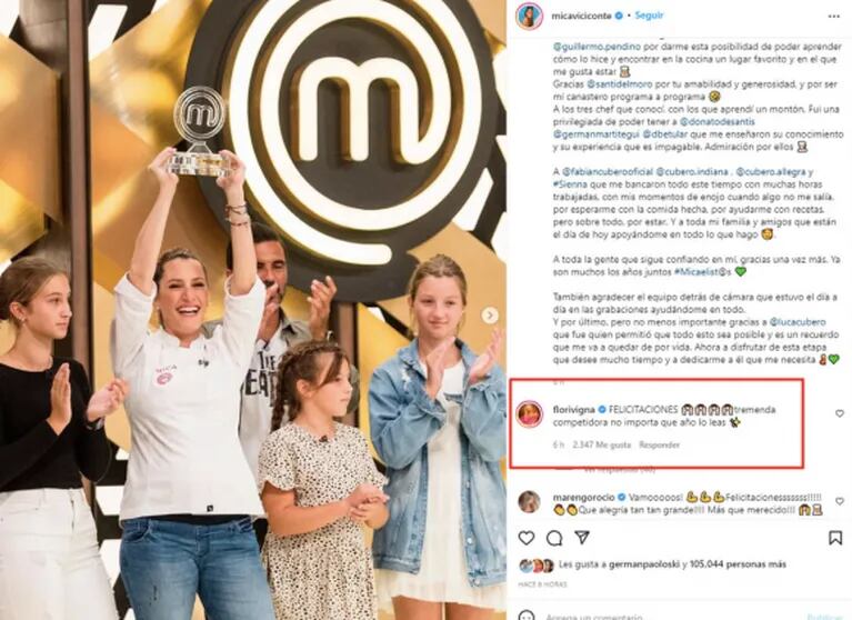 El mensaje de Flor Vigna a Mica Viciconte tras consagrarse campeona en MasterChef Celebrity: "Tremenda competidora"