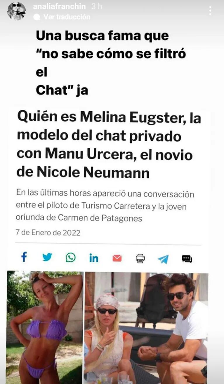 Letal definición de Analía Franchín sobre Melina Eugster, la mujer que chateó con Manu Urcera: "Una busca fama"