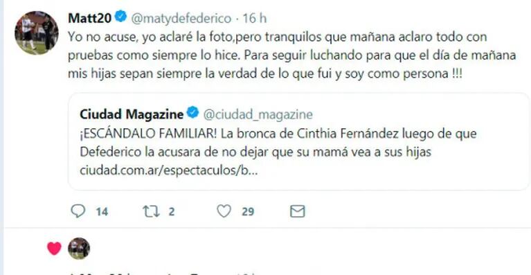 Matías Defederico, contra Cinthia Fernández: "Voy a seguir luchando para que mis hijas sepan la verdad"