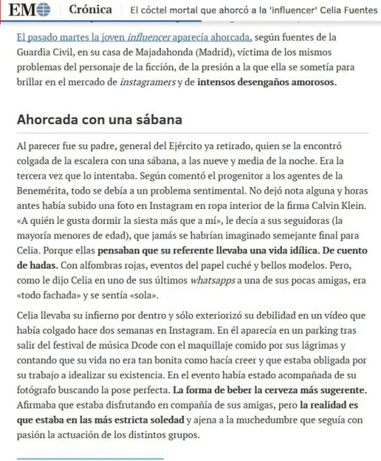 Polémica versión del diario español El Mundo sobre la muerte de Celia Fuentes