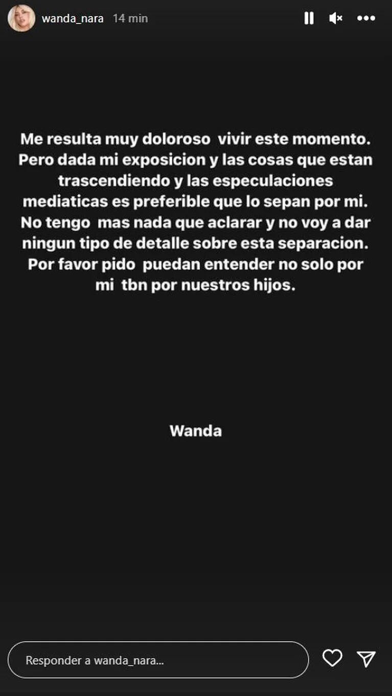 Wanda Nara confirmó su separación de Mauro Icardi: "Me resulta muy doloroso vivir este momento"