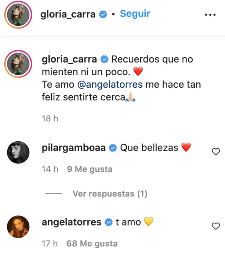 Gloria Carrá le dedicó un emotivo mensaje a su hija Ángela Torres: "Me hace tan feliz sentirte cerca"