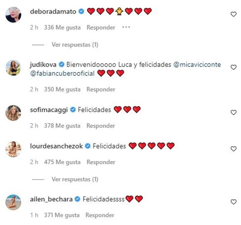 Los tiernos mensajes de los famosos a Mica Viciconte y Fabián Cubero por el nacimiento de Luca: "Muchas bendiciones para toda la familia"