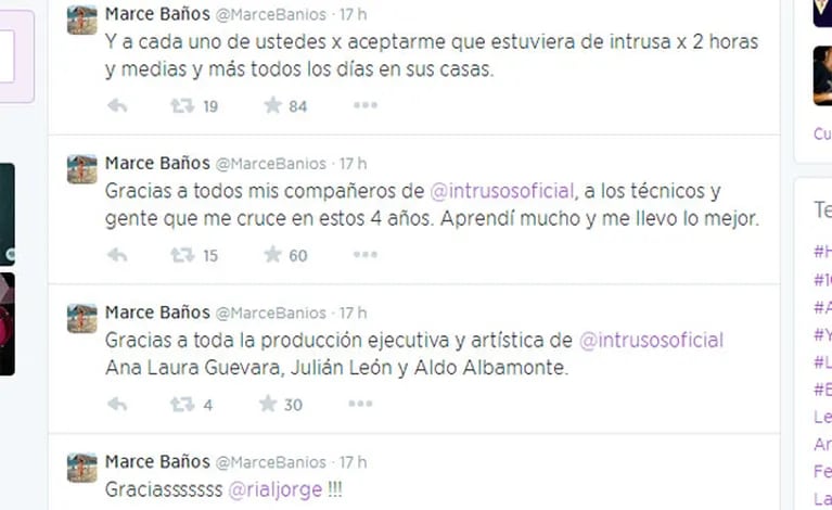 Marcela Baños se despidió de Intrusos en Twitter (Foto: Captura). 