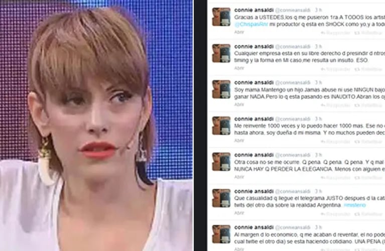 La furiosa catarata de tweets de Connie Ansaldi tras ser despedida de FM Mega. (Fotos: Captura TV y Twitter)