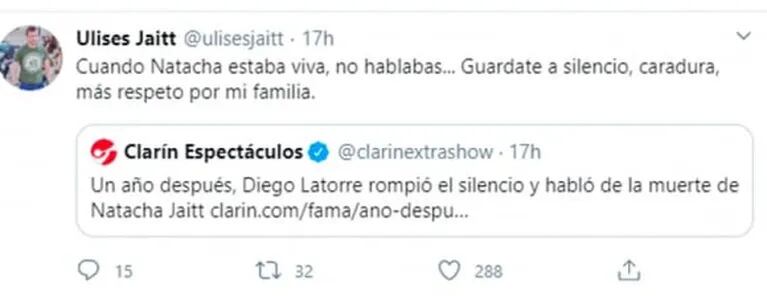 Ulises Jaitt, tras los dichos de Diego Latorre sobre la muerte de Natacha: "Cínico; ya preparo el bozal legal"
