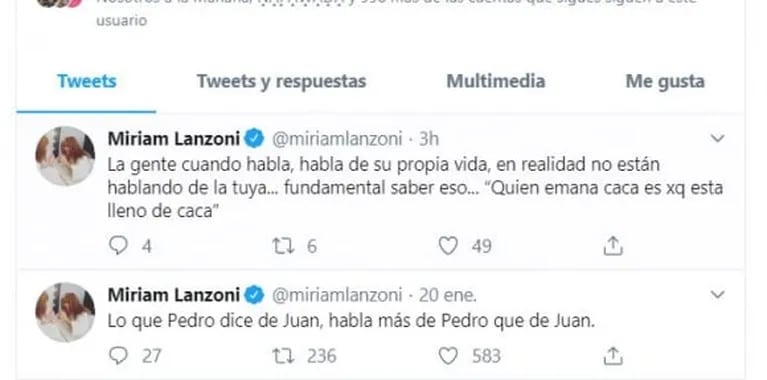 El tweet de Miriam Lanzoni mientras Yanina Latorre y Mariana Brey dudaban de su ruptura: "Hablan de su vida"