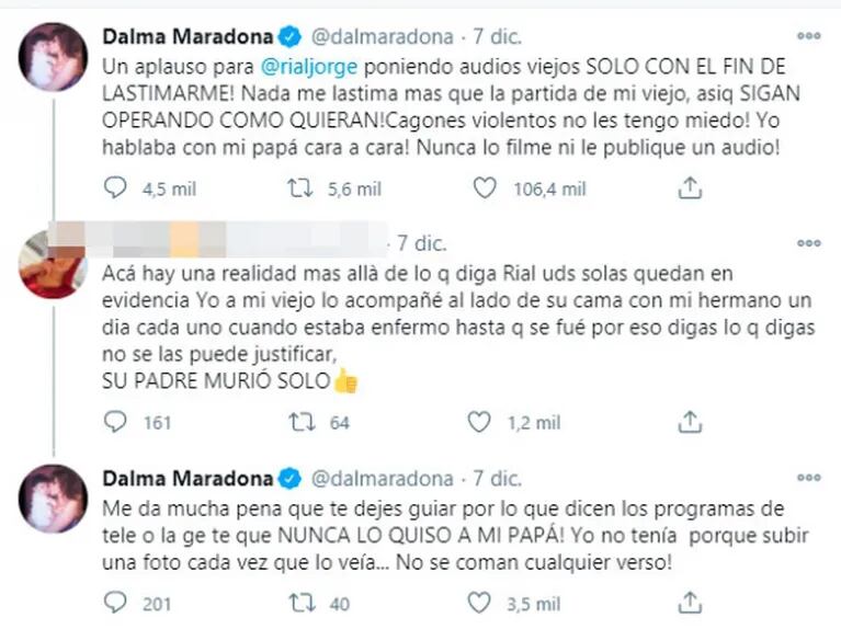 Dalma Maradona cruzó duro a una tuitera que dijo que Diego 'murió solo': "Me da pena que te dejes guiar por la gente que nunca lo quiso"