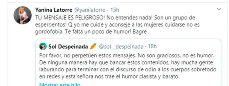 Polémica discusión de Yanina Latorre con una médica que la acusó de gordofóbica: "Te falta humor bagre"
