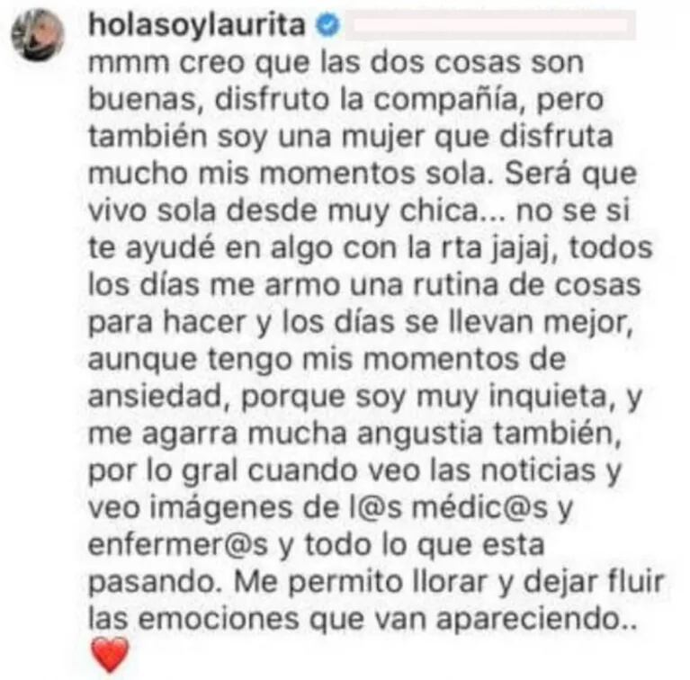 Laurita Fernández contó cómo lleva su cuarentena con Nicolás Cabré: "Me permito llorar y dejar fluir las emociones"