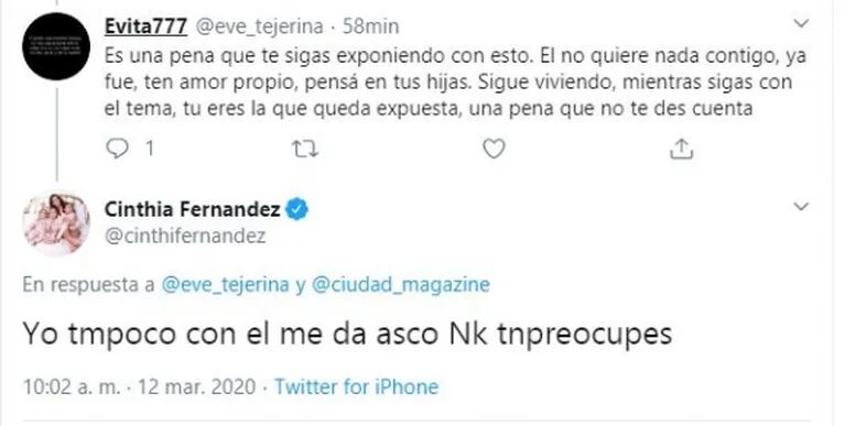 Furiosa catarata de tweets de Cinthia Fernández contra Martín Baclini: "Ya te solté, Figuretti; me das asco"