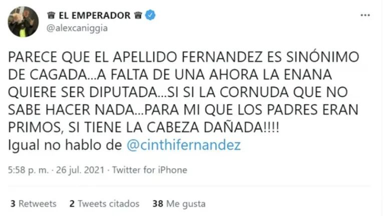 Polémico tweet de Alex Caniggia contra Cinthia Fernández por su candidatura: "La cornuda no sabe hacer nada"