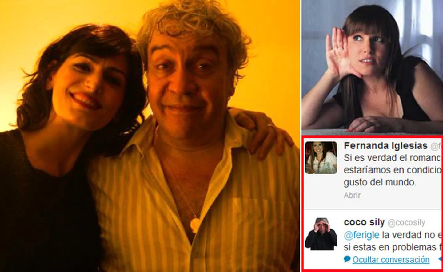 Cecilia Milone desmintió romance con Coco Sily. Y el humorista se cruzó con Fernanda Iglesias en Twitter. (Fotos: Twitter y Web)
