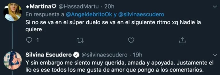 El picante "me gusta" de Silvina Escudero en Twitter que De Brito deschavó: "Nunca pasó por el duelo telefónico y siente que el jurado la odia"
