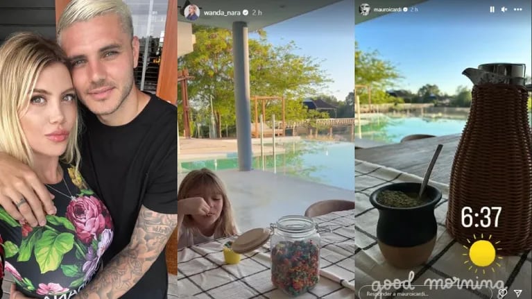 Wanda Nara y Mauro Icardi desayunaron juntos con sus hijas tras el arribo del futbolista a la Argentina (Fotos: Instagram y Capturas de Instagram Stories)