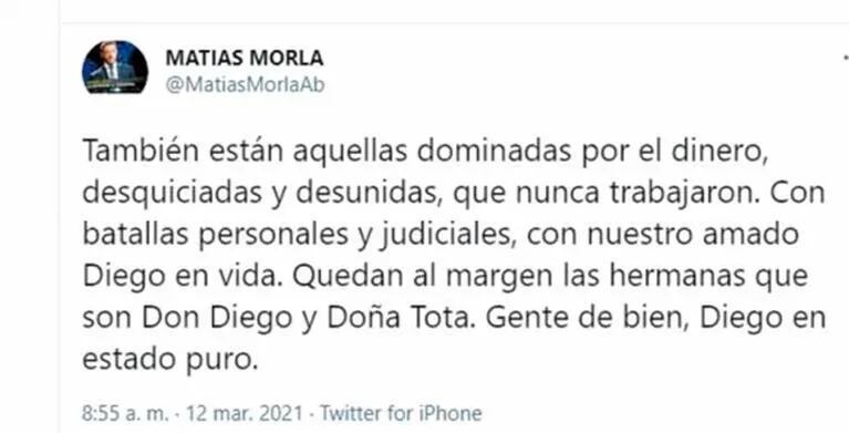 Escandaloso descargo de Matías Morla tras las acusaciones de Dalma y Gianinna Maradona: "Dominadas por el dinero, desquiciadas y desunidas, que nunca trabajaron"