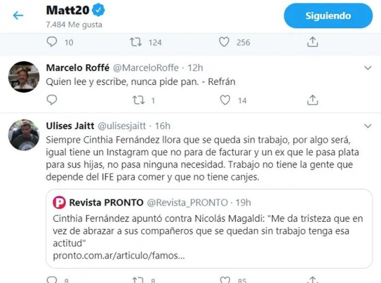 Polémicos likes de Matías Defederico contra Cinthia Fernández: "Tiene un ex que le pasa plata por las hijas"