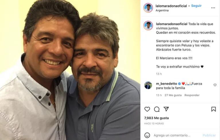 Conmovedora despedida de Lalo Maradona a su hermano Hugo: "Siempre quisiste volar"