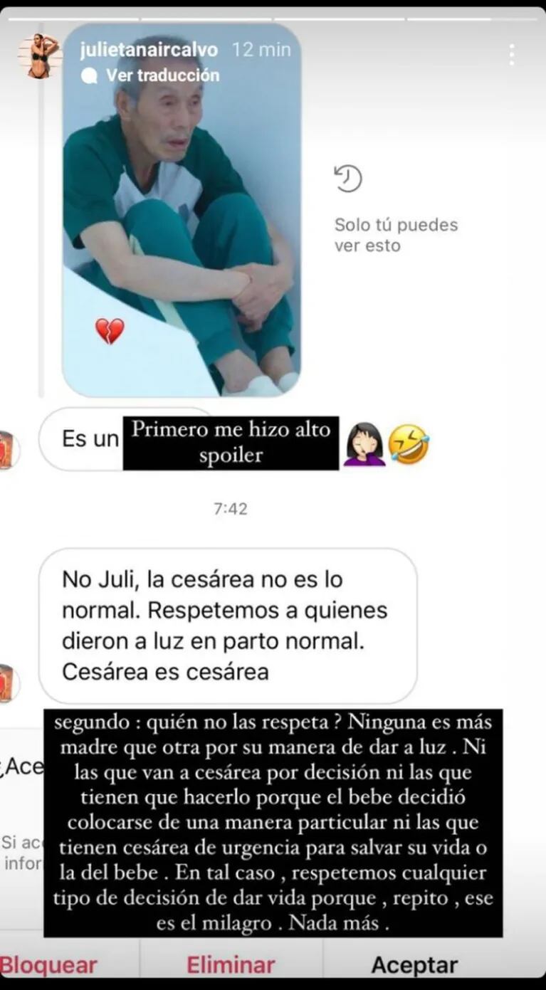 Julieta Nair Calvo se cruzó con una seguidora que cuestionó su posteo sobre el parto: "Ninguna es más madre que otra"