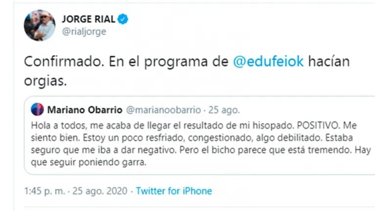 Polémica frase de Jorge Rial por los casos de coronavirus en el programa de Eduardo Feinmann: "Confirmado, hacían orgías"