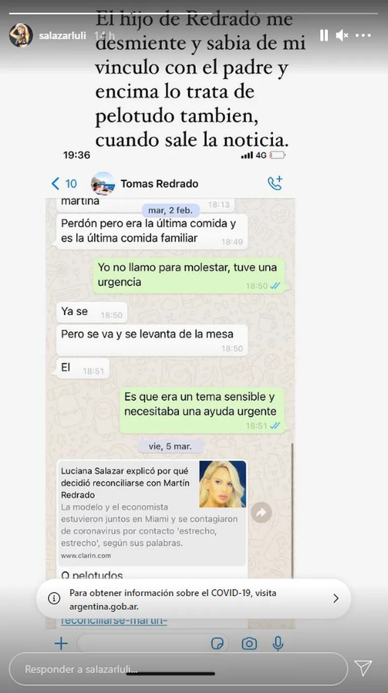 Luciana Salazar salió al cruce del hijo de Martín Redrado y filtró un polémico chat: "Trata de pelotu… al padre"