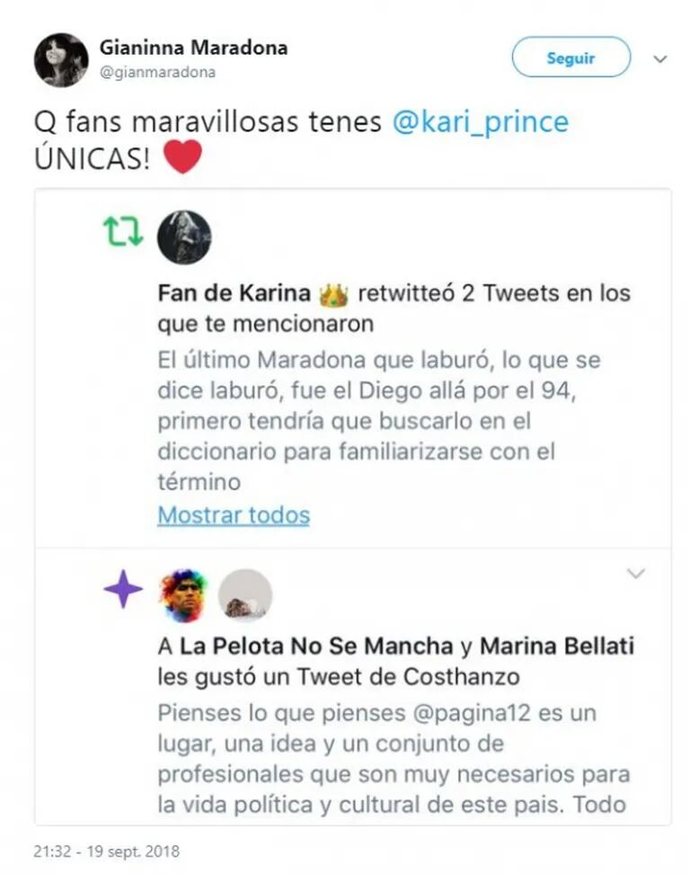 Picante tweet de Gianinna Maradona ¡arrobando a la Princesita Karina!: "¡Tenés unas fans maravillosas!"