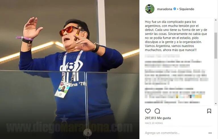 Maradona quebró una ley rusa y se tuvo que disculpar: "No sabía que no se podía fumar en el estadio"