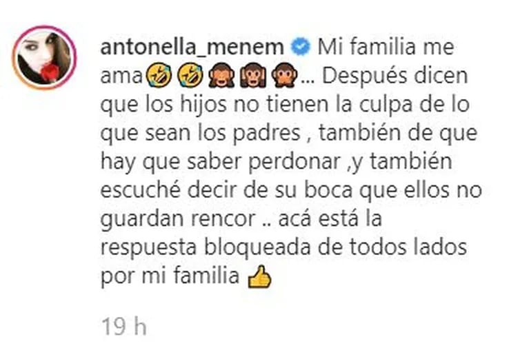 Fuertes mensajes de Antonella Menem sobre su familia paterna: "Me tienen bloqueada de todos lados"
