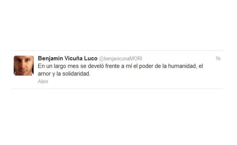 El tweet de agradecimiento de Benjamín Vicuña. (Captura: @benjavicunaMORI)