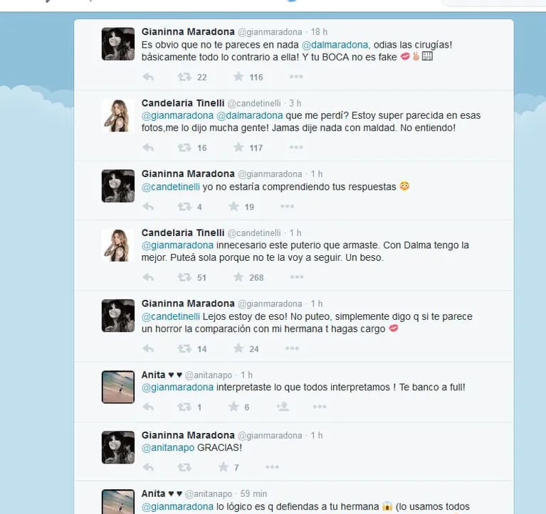 Candelaria Tinelli se cruzó con Dalma y Gianinna Maradona en Twitter.
