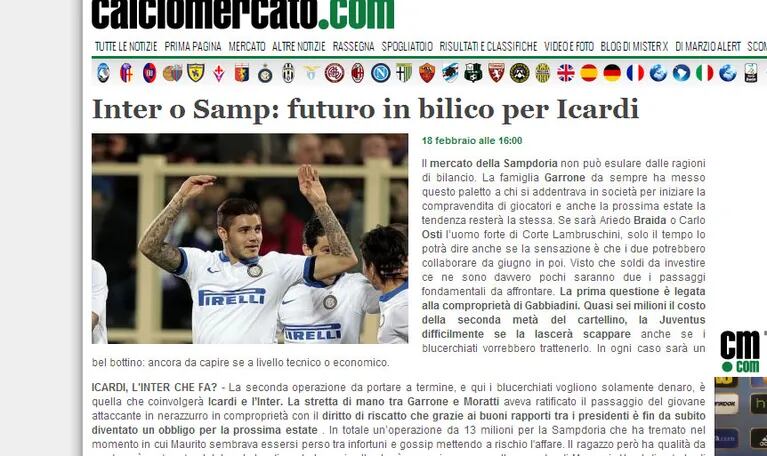 La nota que explica por qué Icardi podría volver a la Sampdoria. (Foto: www.calciomercato.com)